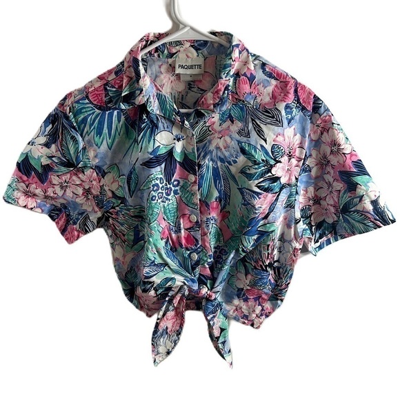 Vintage Paquette Hawaiian Floral Crop Tie Shirt Medium Button Down Collared Blue - Picture 1 of 7